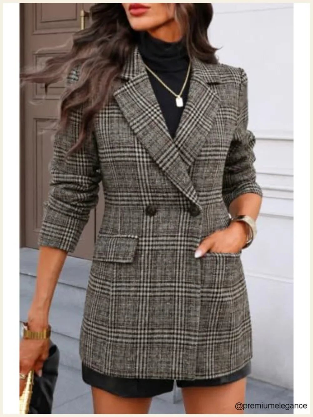 Women's Longline Double-Breasted Plaid Tweed Blazer Notch Collar Machine